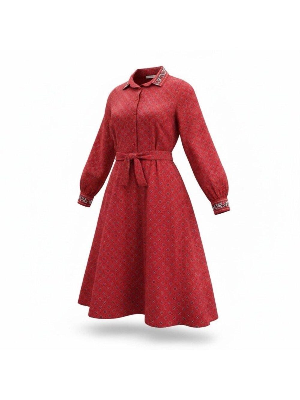 Vintage 1960s Midi Dress Medium Red Long Sleeve Tie Waist Paisley Button Down